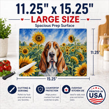 Load image into Gallery viewer, Basset Hound in Sunflowers Cutting Board Tempered Glass Kitchen Cutting Surface, Heat Resistant Chopping Board with Non-Slip Feet, Decorative Food Prep &amp; Serving