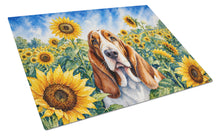 Load image into Gallery viewer, Basset Hound in Sunflowers Cutting Board Tempered Glass Kitchen Cutting Surface, Heat Resistant Chopping Board with Non-Slip Feet, Decorative Food Prep &amp; Serving
