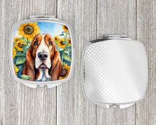 Load image into Gallery viewer, Basset Hound in Sunflowers Compact Mirror – Stylish Purse Mirror with Artistic Covers
