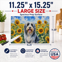 Load image into Gallery viewer, Bearded Collie in Sunflowers Cutting Board Tempered Glass Kitchen Cutting Surface, Heat Resistant Chopping Board with Non-Slip Feet, Decorative Food Prep &amp; Serving