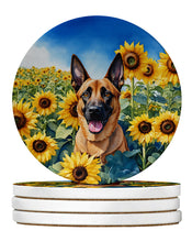 Load image into Gallery viewer, Belgian Malinois in Sunflowers Large Sandstone Coasters Pack of 4