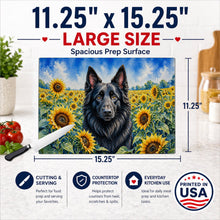 Load image into Gallery viewer, Belgian Sheepdog in Sunflowers Cutting Board Tempered Glass Kitchen Cutting Surface, Heat Resistant Chopping Board with Non-Slip Feet, Decorative Food Prep &amp; Serving