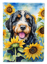 Load image into Gallery viewer, Bernedoodle in Sunflowers House Flag