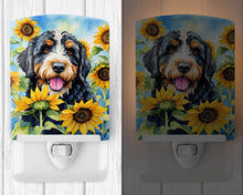 Load image into Gallery viewer, Bernedoodle in Sunflowers Ceramic Night Light