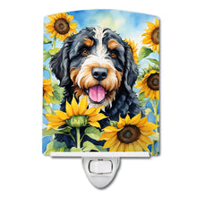 Load image into Gallery viewer, Bernedoodle in Sunflowers Ceramic Night Light