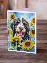 Load image into Gallery viewer, Bernedoodle in Sunflowers Greeting Cards - Blank Note Cards – 8-Pack of Artist-Designed Cards with Envelopes