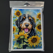 Load image into Gallery viewer, Bernedoodle in Sunflowers Greeting Cards - Blank Note Cards – 8-Pack of Artist-Designed Cards with Envelopes