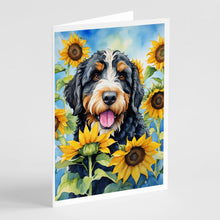 Load image into Gallery viewer, Bernedoodle in Sunflowers Greeting Cards - Blank Note Cards – 8-Pack of Artist-Designed Cards with Envelopes