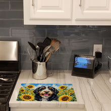 Load image into Gallery viewer, Bernedoodle in Sunflowers Cutting Board Tempered Glass Kitchen Cutting Surface, Heat Resistant Chopping Board with Non-Slip Feet, Decorative Food Prep &amp; Serving