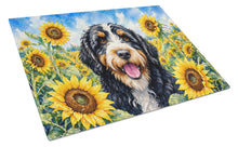 Load image into Gallery viewer, Bernedoodle in Sunflowers Cutting Board Tempered Glass Kitchen Cutting Surface, Heat Resistant Chopping Board with Non-Slip Feet, Decorative Food Prep &amp; Serving