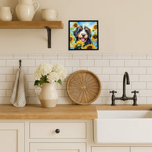 Load image into Gallery viewer, Bernedoodle in Sunflowers Framed Metal Print