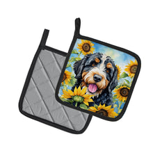 Load image into Gallery viewer, Bernedoodle in Sunflowers Pot Holders - Set of 2 Decorative Kitchen Helpers | Made in the USA