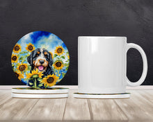 Load image into Gallery viewer, Bernedoodle in Sunflowers Large Sandstone Coasters Pack of 4