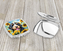 Load image into Gallery viewer, Bernedoodle in Sunflowers Compact Mirror – Stylish Purse Mirror with Artistic Covers
