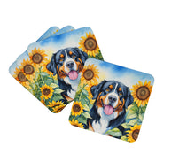 Load image into Gallery viewer, Bernese Mountain Dog in Sunflowers Coasters - Set of 4 Lightweight Foam, Absorbent Drink Coasters