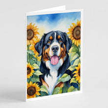 Load image into Gallery viewer, Bernese Mountain Dog in Sunflowers Greeting Cards - Blank Note Cards – 8-Pack of Artist-Designed Cards with Envelopes