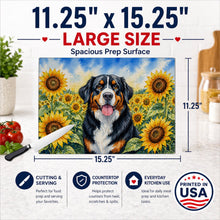Load image into Gallery viewer, Bernese Mountain Dog in Sunflowers Cutting Board Tempered Glass Kitchen Cutting Surface, Heat Resistant Chopping Board with Non-Slip Feet, Decorative Food Prep &amp; Serving