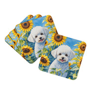 Load image into Gallery viewer, Bichon Frise in Sunflowers Coasters - Set of 4 Lightweight Foam, Absorbent Drink Coasters
