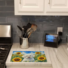 Load image into Gallery viewer, Bichon Frise in Sunflowers Cutting Board Tempered Glass Kitchen Cutting Surface, Heat Resistant Chopping Board with Non-Slip Feet, Decorative Food Prep &amp; Serving