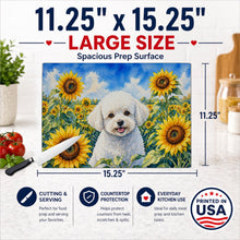 Load image into Gallery viewer, Bichon Frise in Sunflowers Cutting Board Tempered Glass Kitchen Cutting Surface, Heat Resistant Chopping Board with Non-Slip Feet, Decorative Food Prep &amp; Serving