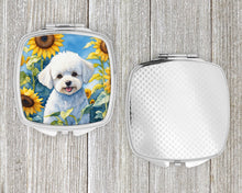 Load image into Gallery viewer, Bichon Frise in Sunflowers Compact Mirror – Stylish Purse Mirror with Artistic Covers