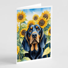 Load image into Gallery viewer, Black and Tan Coonhound in Sunflowers Greeting Cards - Blank Note Cards – 8-Pack of Artist-Designed Cards with Envelopes