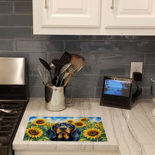 Load image into Gallery viewer, Black and Tan Coonhound in Sunflowers Cutting Board Tempered Glass Kitchen Cutting Surface, Heat Resistant Chopping Board with Non-Slip Feet, Decorative Food Prep &amp; Serving