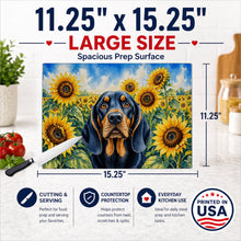 Load image into Gallery viewer, Black and Tan Coonhound in Sunflowers Cutting Board Tempered Glass Kitchen Cutting Surface, Heat Resistant Chopping Board with Non-Slip Feet, Decorative Food Prep &amp; Serving