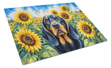 Load image into Gallery viewer, Black and Tan Coonhound in Sunflowers Cutting Board Tempered Glass Kitchen Cutting Surface, Heat Resistant Chopping Board with Non-Slip Feet, Decorative Food Prep &amp; Serving