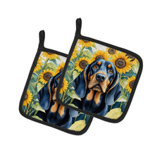 Load image into Gallery viewer, Black and Tan Coonhound in Sunflowers Pot Holders - Set of 2 Decorative Kitchen Helpers | Made in the USA