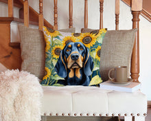 Load image into Gallery viewer, Black and Tan Coonhound in Sunflowers Throw Pillow - 14x14 Decorative Pillow – Art for Your Home &amp; Patio