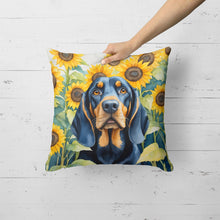 Load image into Gallery viewer, Black and Tan Coonhound in Sunflowers Throw Pillow