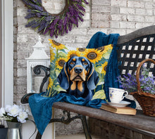 Load image into Gallery viewer, Black and Tan Coonhound in Sunflowers Throw Pillow
