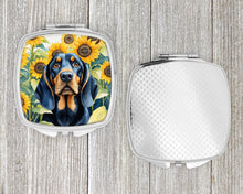 Load image into Gallery viewer, Black and Tan Coonhound in Sunflowers Compact Mirror – Stylish Purse Mirror with Artistic Covers