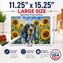 Load image into Gallery viewer, Bluetick Coonhound in Sunflowers Cutting Board Tempered Glass Kitchen Cutting Surface, Heat Resistant Chopping Board with Non-Slip Feet, Decorative Food Prep &amp; Serving
