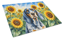Load image into Gallery viewer, Bluetick Coonhound in Sunflowers Cutting Board Tempered Glass Kitchen Cutting Surface, Heat Resistant Chopping Board with Non-Slip Feet, Decorative Food Prep &amp; Serving