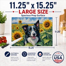 Load image into Gallery viewer, Border Collie in Sunflowers Cutting Board Tempered Glass Kitchen Cutting Surface, Heat Resistant Chopping Board with Non-Slip Feet, Decorative Food Prep &amp; Serving