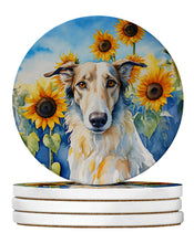 Load image into Gallery viewer, Borzoi in Sunflowers Large Sandstone Coasters Pack of 4