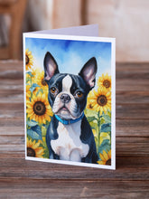 Load image into Gallery viewer, Boston Terrier in Sunflowers Greeting Cards - Blank Note Cards – 8-Pack of Artist-Designed Cards with Envelopes