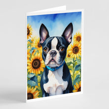 Load image into Gallery viewer, Boston Terrier in Sunflowers Greeting Cards - Blank Note Cards – 8-Pack of Artist-Designed Cards with Envelopes