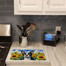 Load image into Gallery viewer, Boston Terrier in Sunflowers Cutting Board Tempered Glass Kitchen Cutting Surface, Heat Resistant Chopping Board with Non-Slip Feet, Decorative Food Prep &amp; Serving