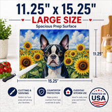 Load image into Gallery viewer, Boston Terrier in Sunflowers Cutting Board Tempered Glass Kitchen Cutting Surface, Heat Resistant Chopping Board with Non-Slip Feet, Decorative Food Prep &amp; Serving