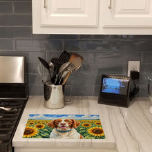 Load image into Gallery viewer, Brittany Spaniel in Sunflowers Cutting Board Tempered Glass Kitchen Cutting Surface, Heat Resistant Chopping Board with Non-Slip Feet, Decorative Food Prep &amp; Serving