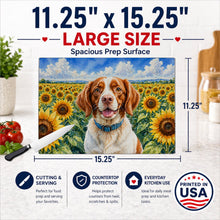 Load image into Gallery viewer, Brittany Spaniel in Sunflowers Cutting Board Tempered Glass Kitchen Cutting Surface, Heat Resistant Chopping Board with Non-Slip Feet, Decorative Food Prep &amp; Serving