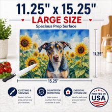 Load image into Gallery viewer, Catahoula in Sunflowers Cutting Board Tempered Glass Kitchen Cutting Surface, Heat Resistant Chopping Board with Non-Slip Feet, Decorative Food Prep &amp; Serving