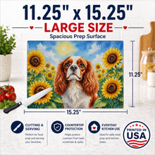 Load image into Gallery viewer, Cavalier Spaniel in Sunflowers Cutting Board Tempered Glass Kitchen Cutting Surface, Heat Resistant Chopping Board with Non-Slip Feet, Decorative Food Prep &amp; Serving
