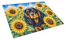 Load image into Gallery viewer, Cavalier Spaniel in Sunflowers Cutting Board Tempered Glass Kitchen Cutting Surface, Heat Resistant Chopping Board with Non-Slip Feet, Decorative Food Prep &amp; Serving