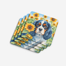 Load image into Gallery viewer, Cavalier Spaniel in Sunflowers Coasters - Set of 4 Lightweight Foam, Absorbent Drink Coasters