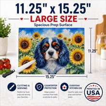 Load image into Gallery viewer, Cavalier Spaniel in Sunflowers Cutting Board Tempered Glass Kitchen Cutting Surface, Heat Resistant Chopping Board with Non-Slip Feet, Decorative Food Prep &amp; Serving