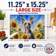 Load image into Gallery viewer, Chinese Crested in Sunflowers Cutting Board Tempered Glass Kitchen Cutting Surface, Heat Resistant Chopping Board with Non-Slip Feet, Decorative Food Prep &amp; Serving